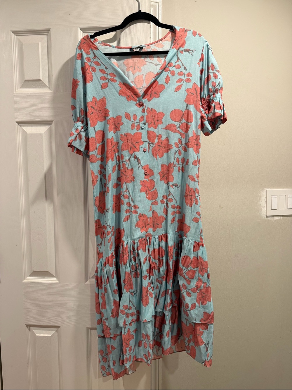 Lobo Rosa Floral V-Neck Tiered Midi Dress in Aqua and Coral